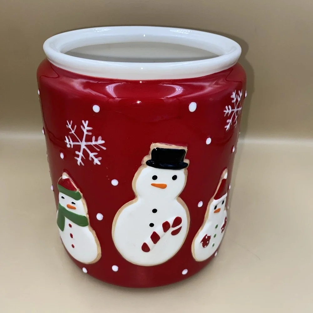 Hallmark Snowman‎ Ceramic Canister Red Holiday Kitchen Decor OS Snowflake Jar
